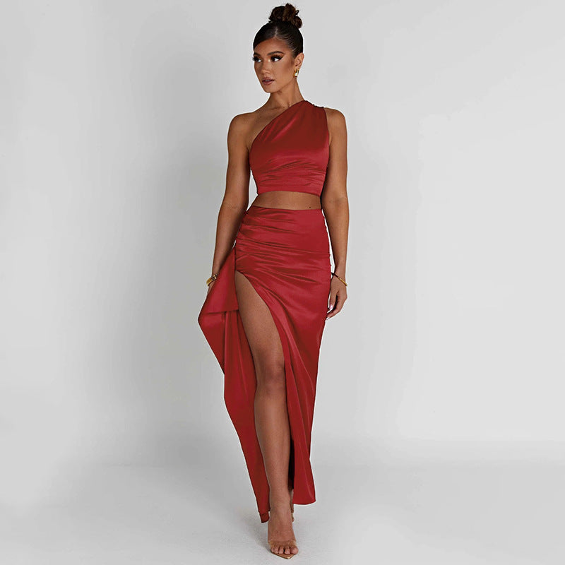 One-shoulder Satin Short Top High Waist Split Maxi Skirt