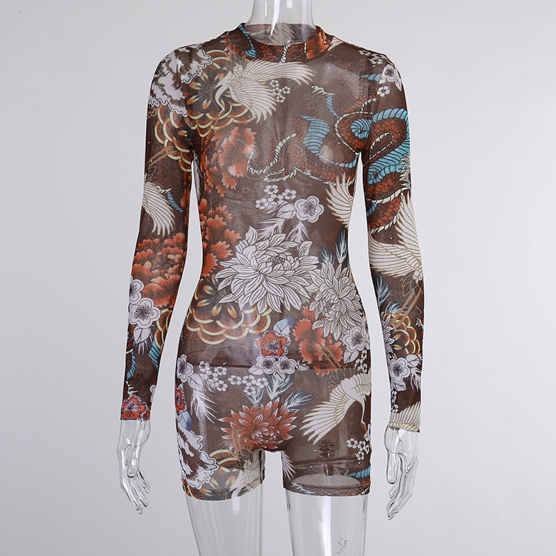 New Style Ladies One-piece Shorts Women Suit Printed Brown