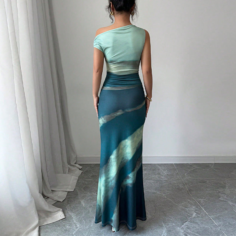 European And American Contrast Color Slim Fit Dress Slant Shoulder