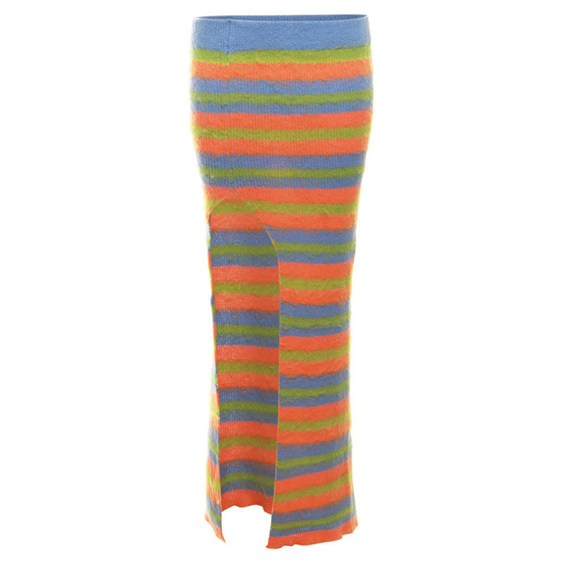 Stripe Sweater Crop Top Matching Long Skirt Split