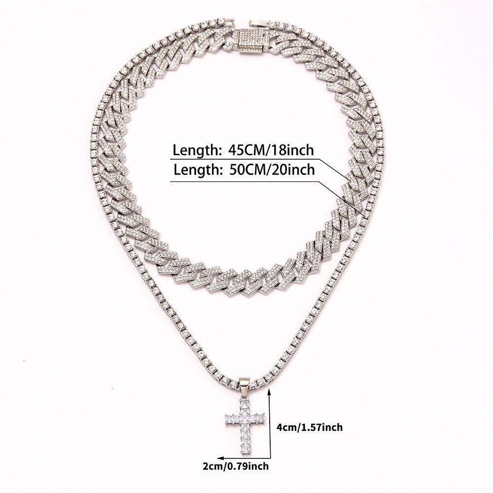 Men's Zircon Cross Pendant Cuban Chain Iced Out Paved Rhinestones Bling Necklaces