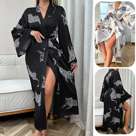 Women's Long Satin Bathrobe Night-robe Long Sleeve