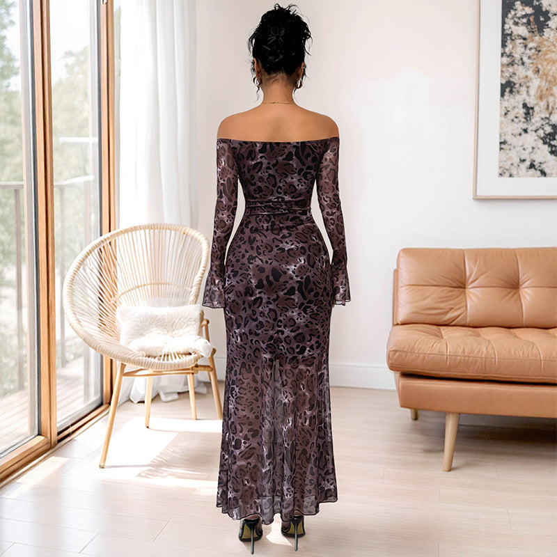 Elegant Retro Off-the-shoulder Long Sleeve Mesh Leopard Print Dress