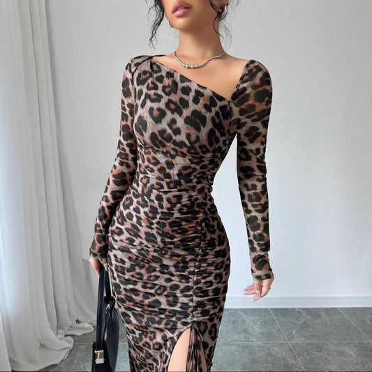 New Women's irregular V-Neck Long Sleeve Sexy Leopard Print Dress