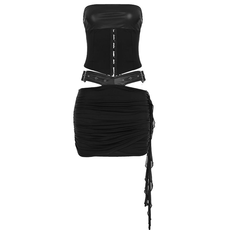 Lace-up Tube Top Leather Look Low Rise Hip Belted Skirt Set