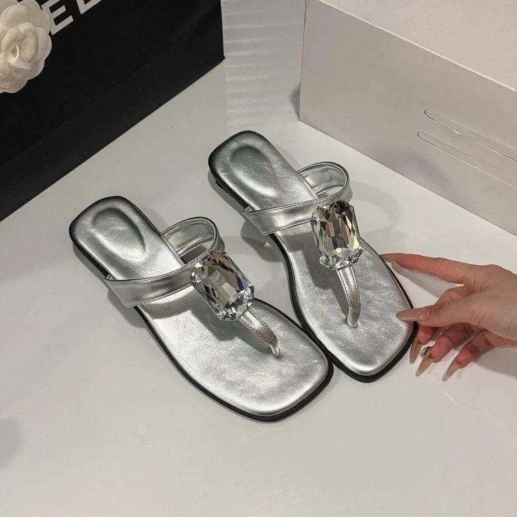 Oversized Crystal, Square Toe, Thong Sandals, French Glam, Low Block Heel, Slides by GJG Denim