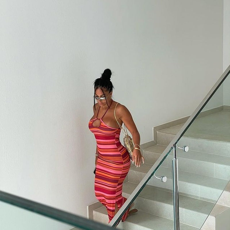 Striped Contrast Long Dress Sexy Halter Strap Backless Wrap Chest Slit Dress