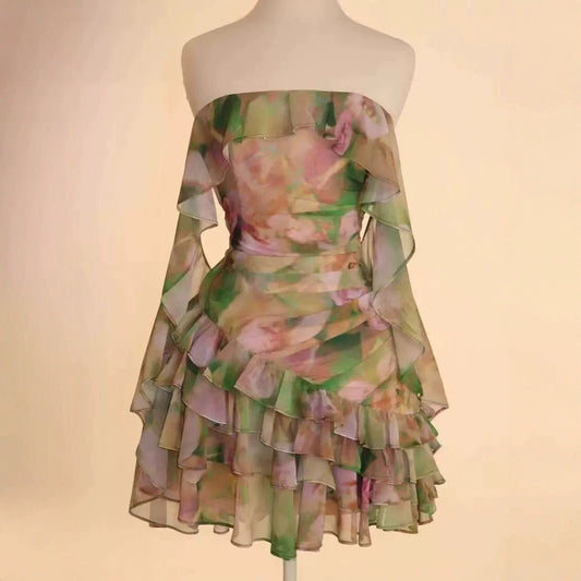 Chiffon Printed Ruffles Tube Dress