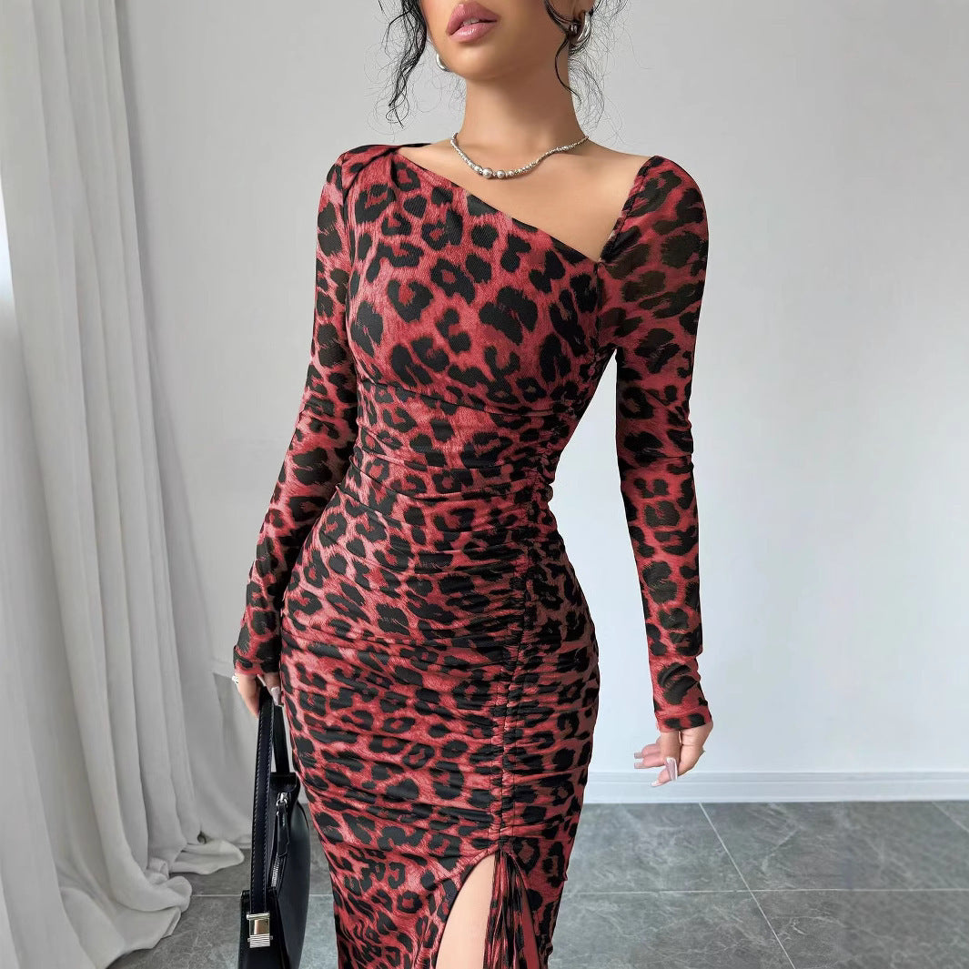 New Women's irregular V-Neck Long Sleeve Sexy Leopard Print Dress