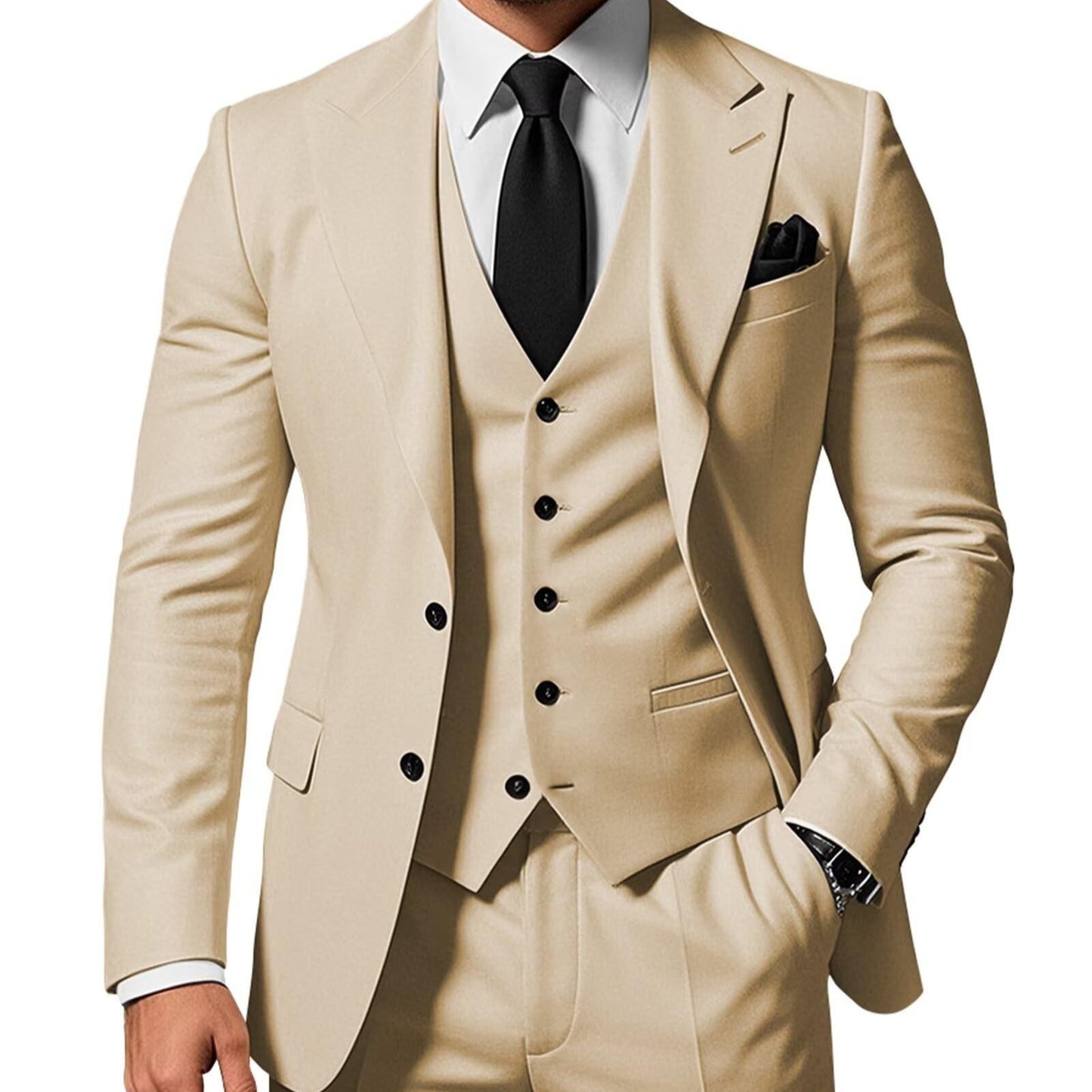 Men's Solid Color 2-piece Buckle Casual Jacket Vest Pants Suit