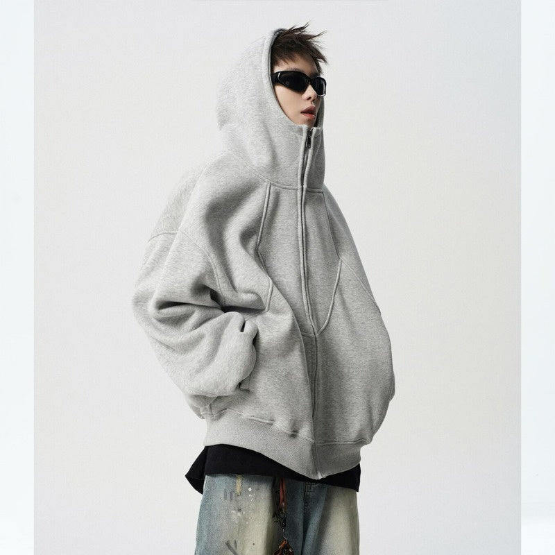 Men's Loose Design Stitching Zip-up Hooded Sweater