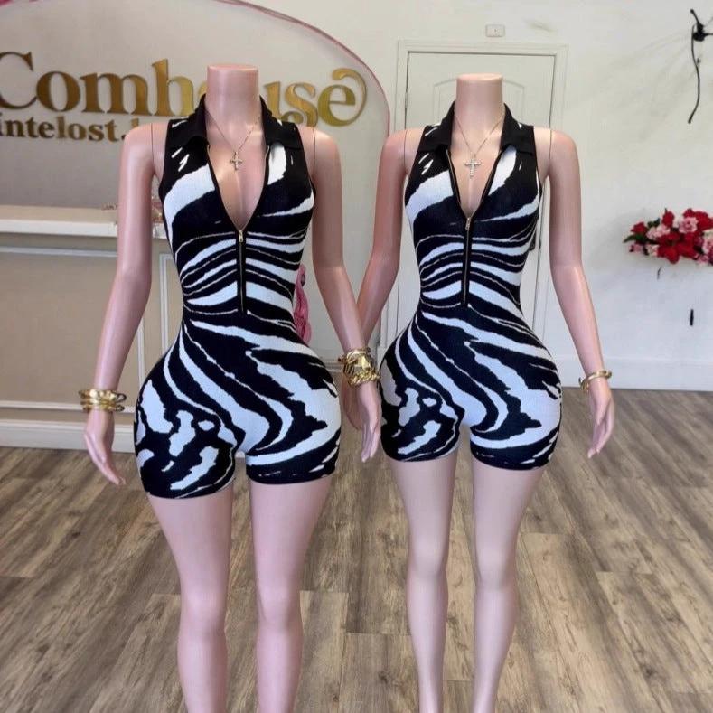 Fashionable Striped Romper With A Half-zip Front And Collar by GJG Denim