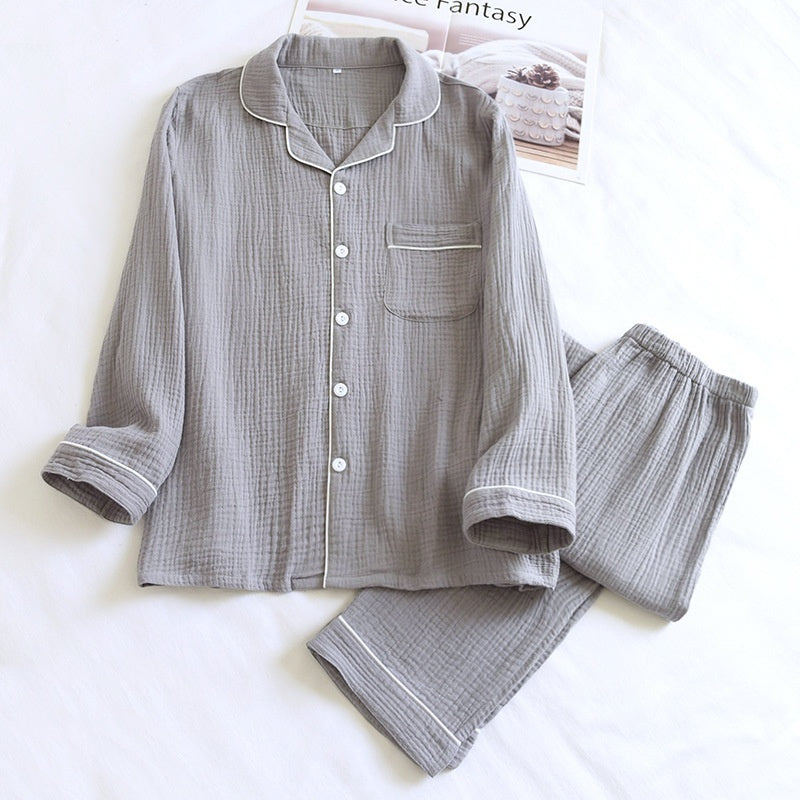 Men's Loose Double-layer Gauze Cotton Long Sleeve Pajamas
