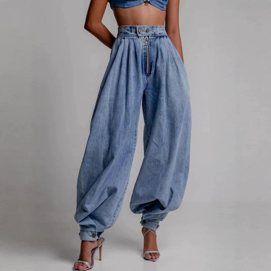 High Waist Zipper Denim Loose Harem Pants by GJG Denim
