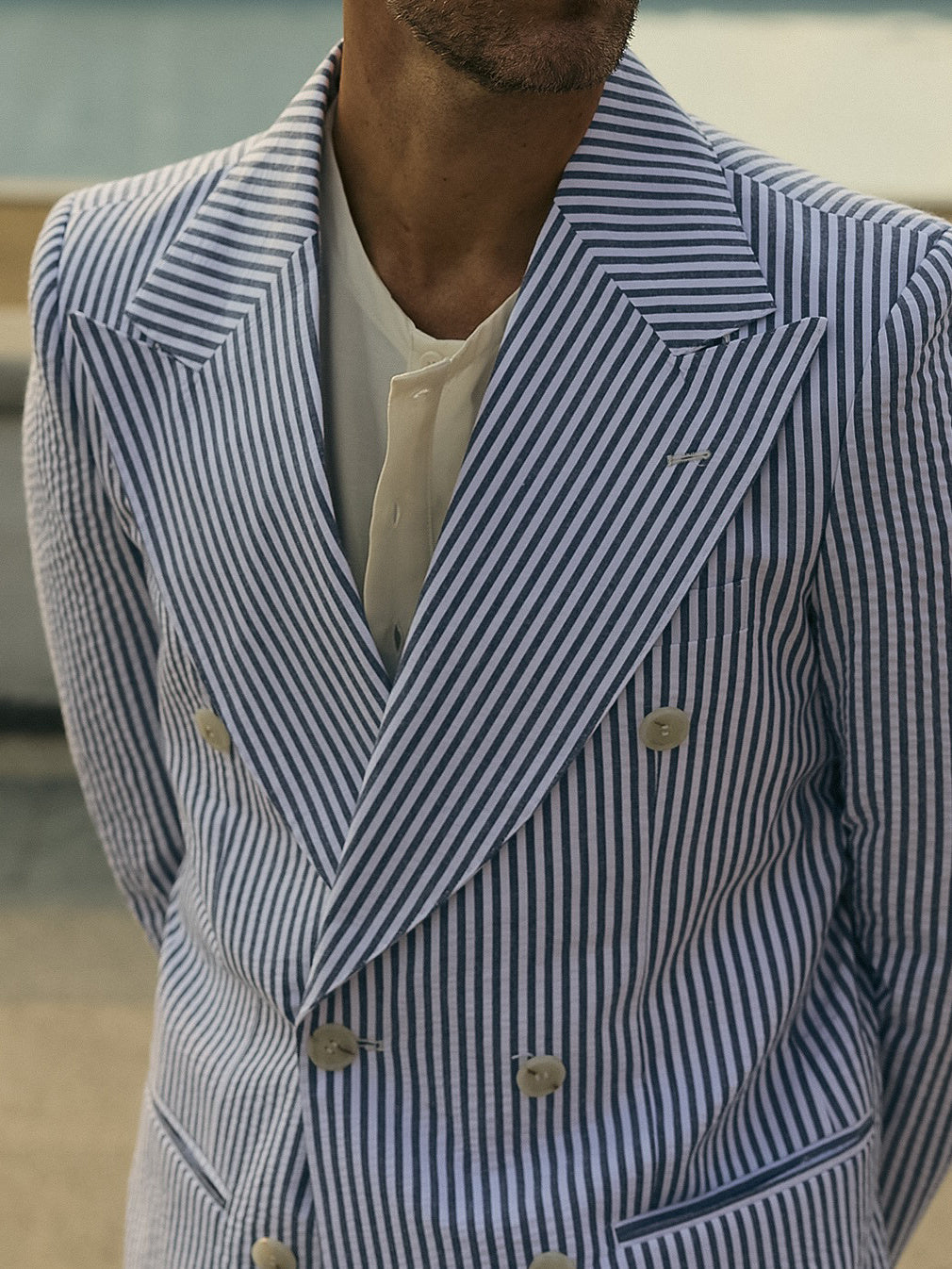 Men's Blue And White Striped Suit Set