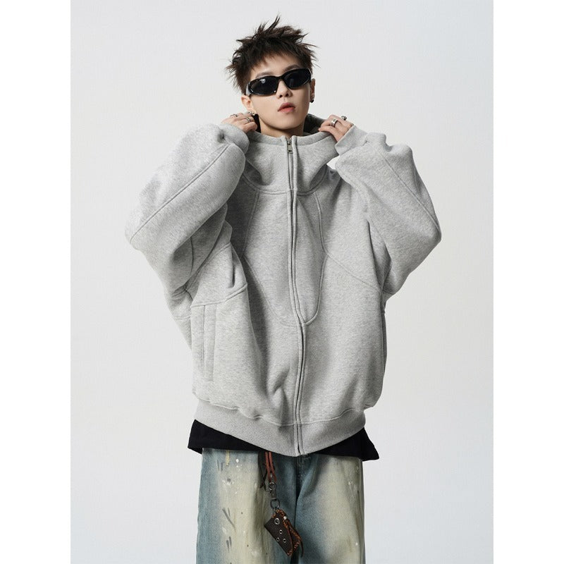 Men's Loose Design Stitching Zip-up Hooded Sweater
