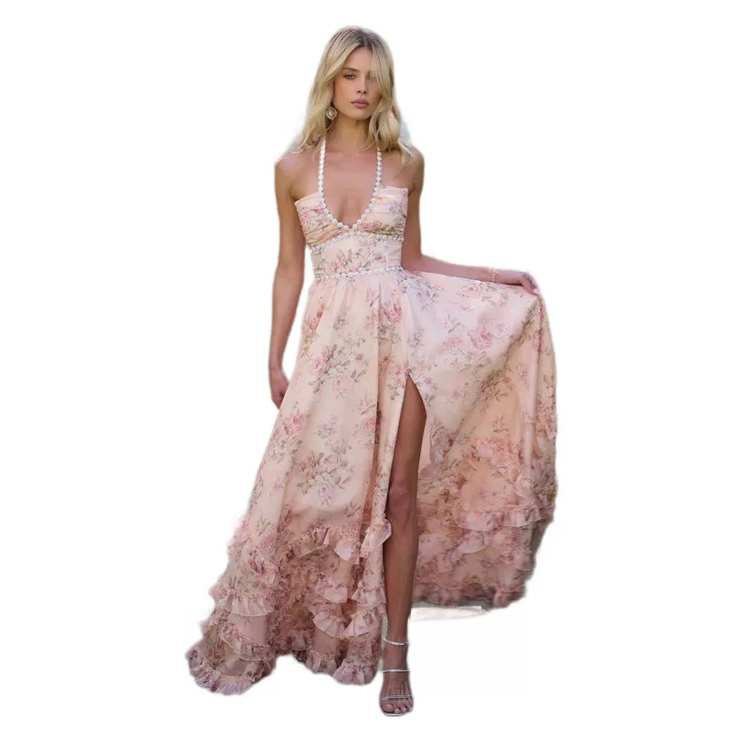 Floral Printed Expansion Ruffle Dress Front Split