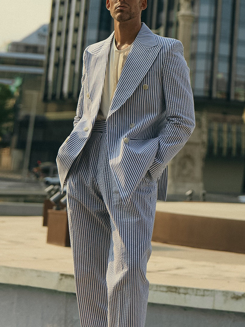 Men's Blue And White Striped Suit Set