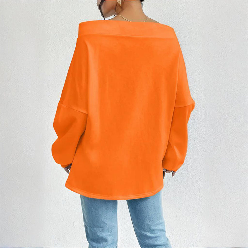 Plus Size Women's Solid Color Off-Shoulder Long Sleeve Pullover With Drawstring - Casual Ribbed Detail Top For Spring&Fall