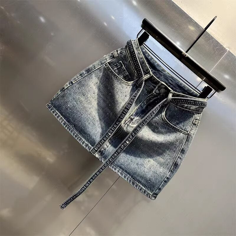 Summer New Rhinestone Five-point Denim Wide Leg A- Line Skirt