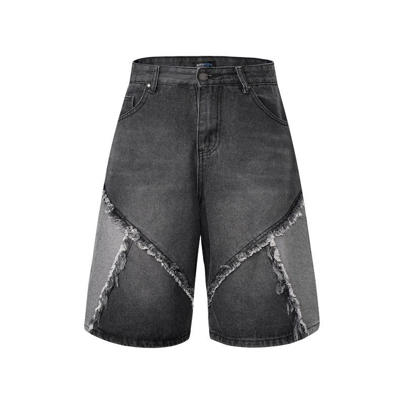 Worn Looking Washed-out Multi-colored Rough Edges Denim Shorts High-grade Personality Cropped Pants