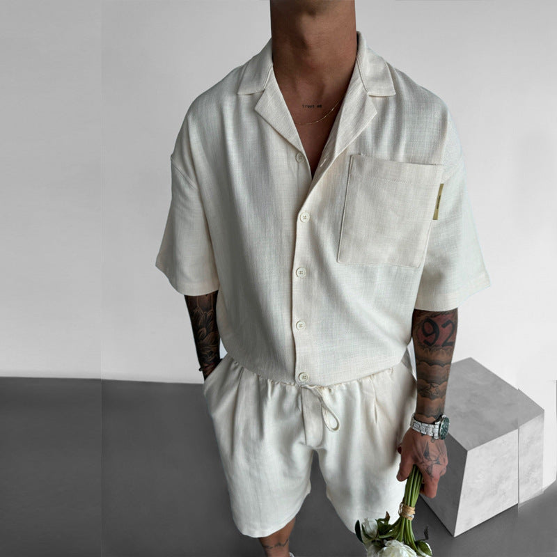 Casual Polo Collar Pocket Loose Short Sleeve Shirt Shorts Suit