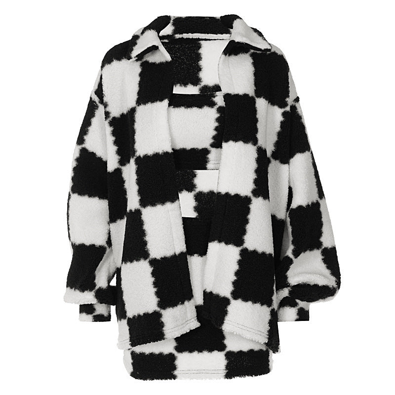 Black And White Plaid Coat and Skirt Set
