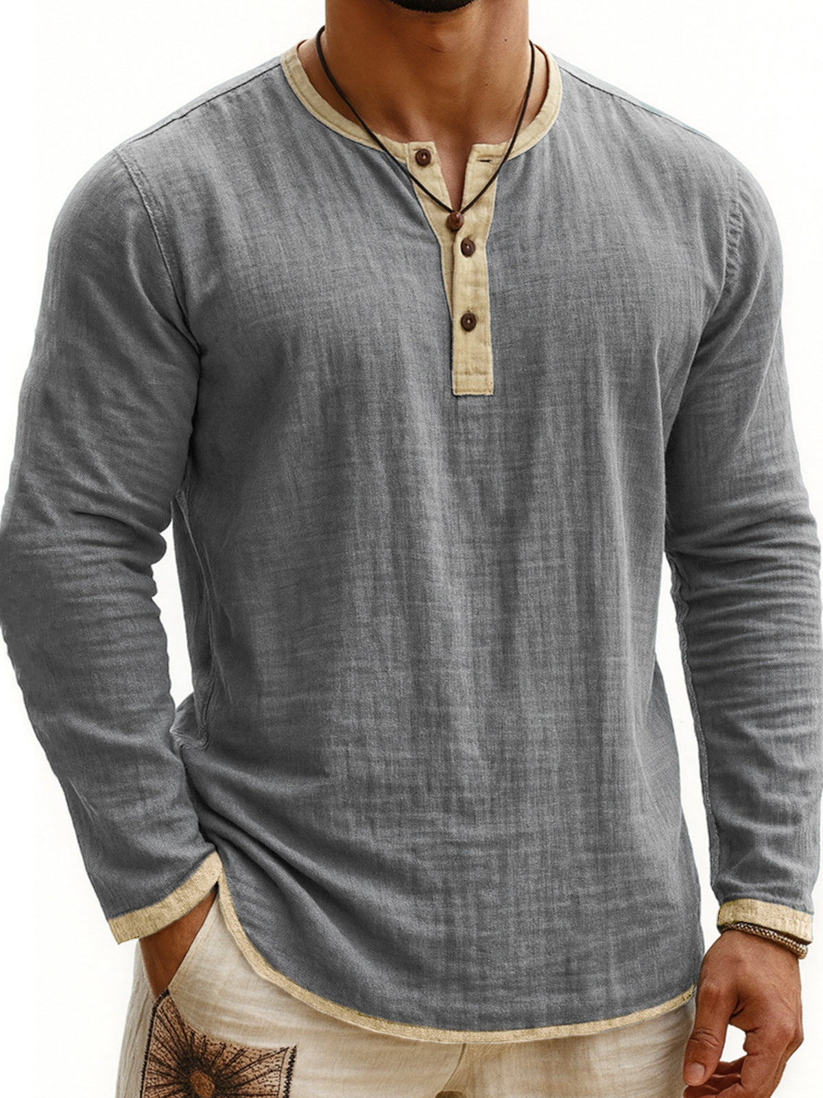 Men's Two-tone Henley Shirt 3-button Casual Long Sleeve Shirt