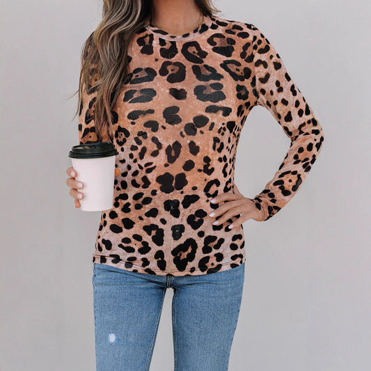 Leopard-print Long-sleeved Shirt Women's Slim Pullover Round Neck Sweater by GJG Denim