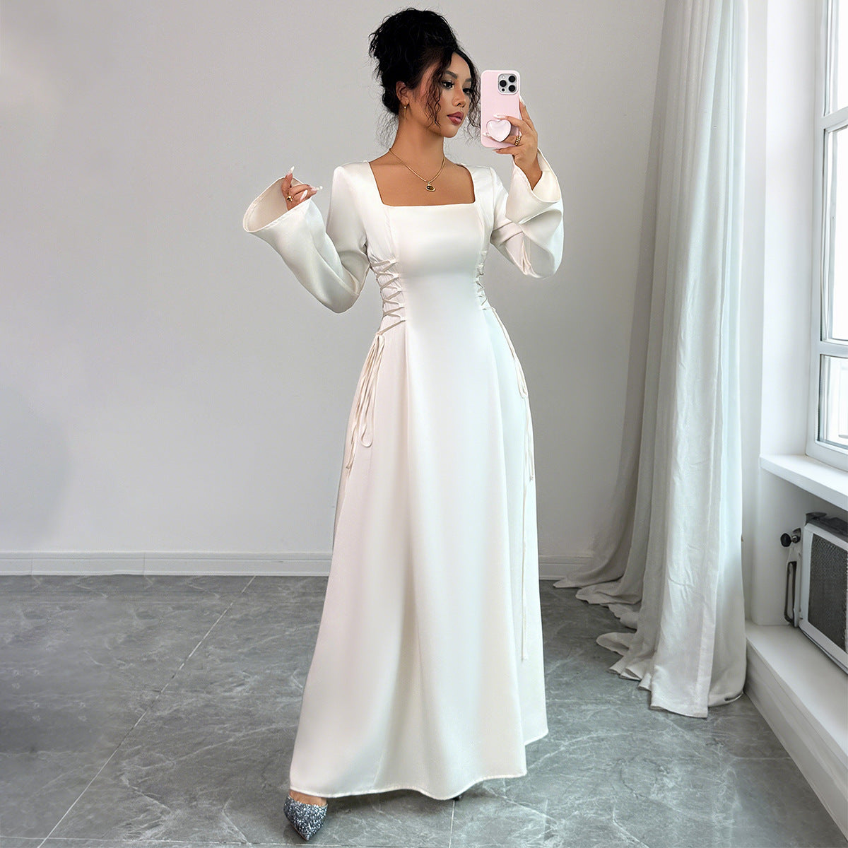 Elegant Solid Color Long Sleeve Dress Women's Clothing
