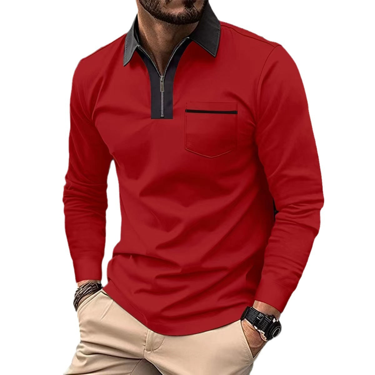 Men's Long Sleeve Zipper Polo Shirts Lapel Collar Zip Up