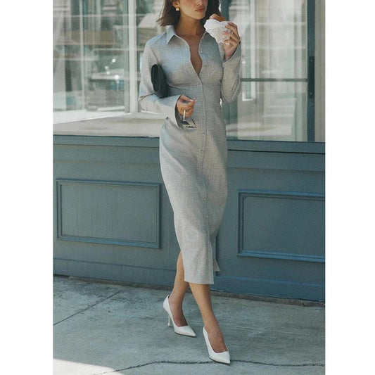 Lapel British Style Long Sleeve Dress by GJG Denim