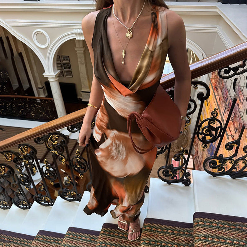 Retro Swing Collar Printing Color Contrast High Waist Long Dress