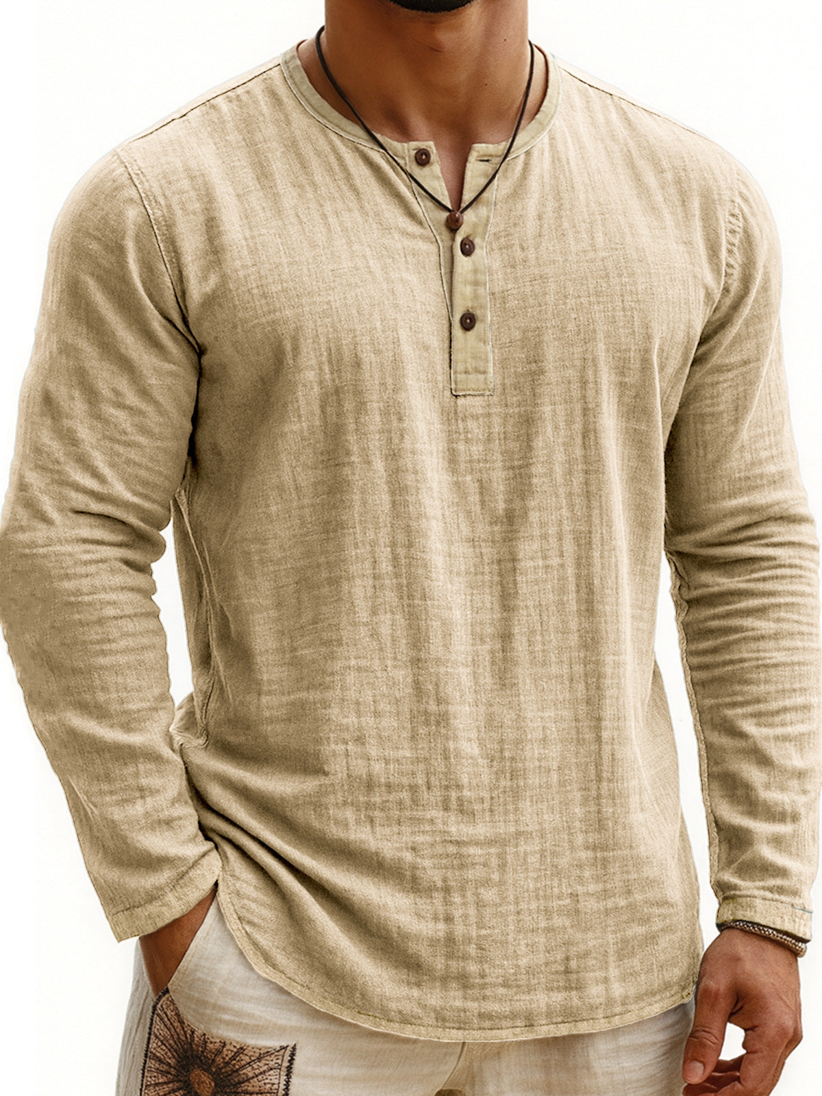 Men's Two-tone Henley Shirt 3-button Casual Long Sleeve Shirt