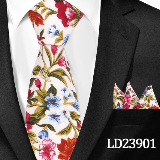 Men's Casual Cotton Floral Print 6cm Tie and Pocket Square
