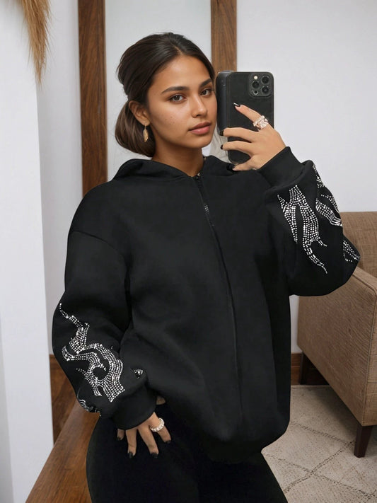 2025 New Women's Jacket With Zipper Closure, Hooded Neck, Flame Printed Sleeves, Essential Women's Coat For Autumn And Winter by GJG Denim