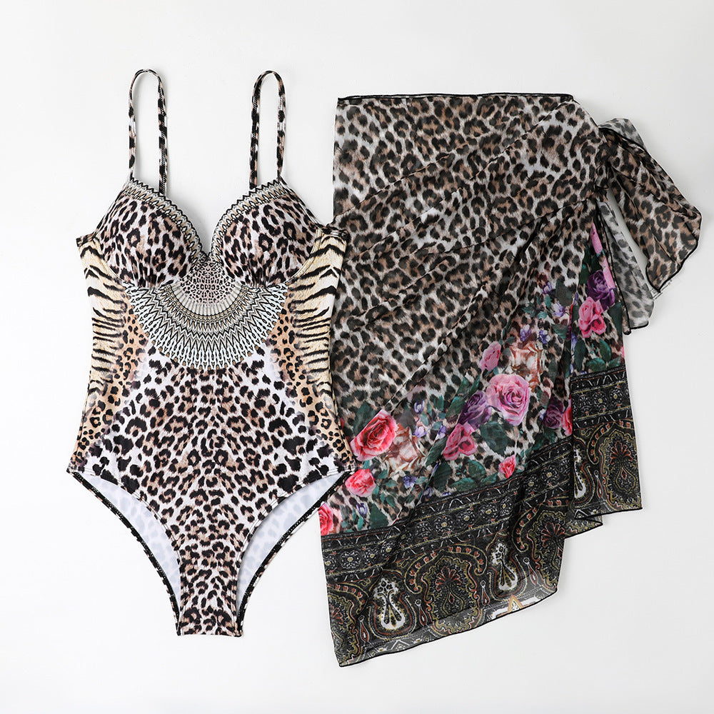 Leopard Print Casual One-piece Swimsuit Mesh Long Cover up
