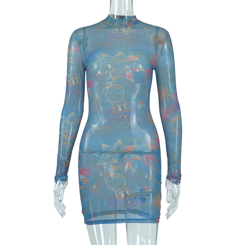 Fashion Round Neck Gauze Perspective Long Sleeve Slim Wrap Hip Dress