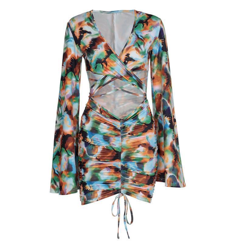 Women's Printed V-Neck Tie Long Sleeve Drawstring Hip Wrap Dress