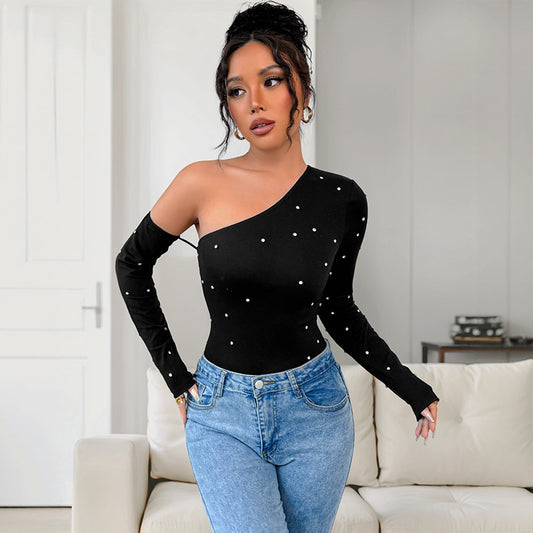 New Fashion Slim Hot Girl Diamond Off-shoulder Long Sleeve Jumpsuit