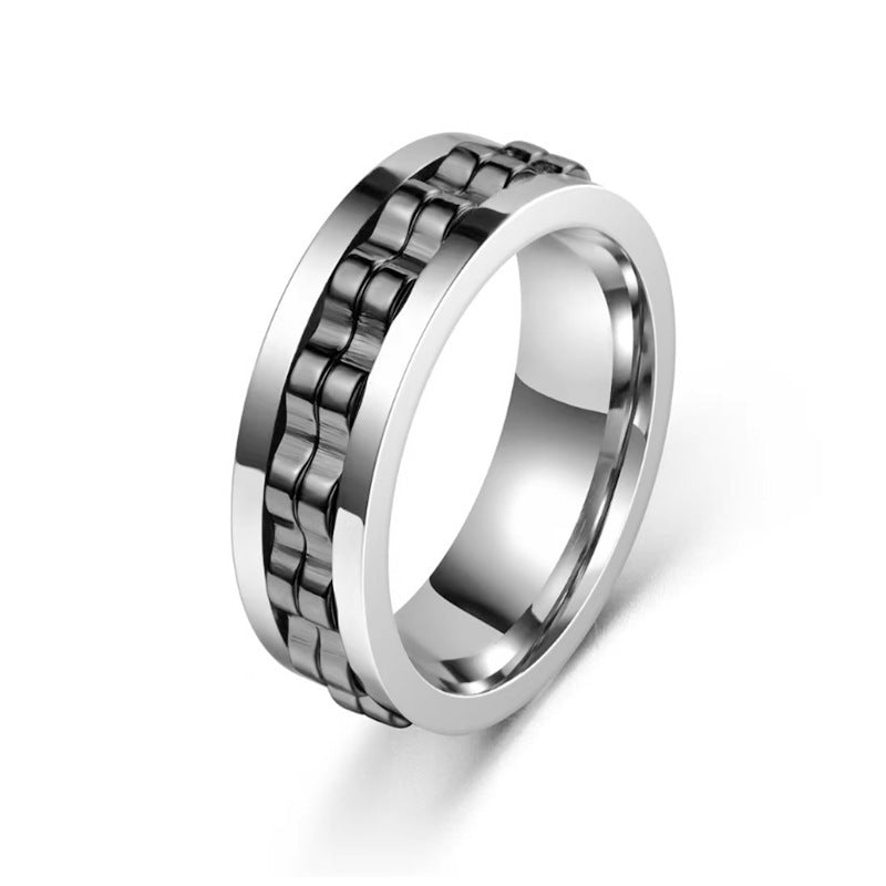 Men's Titanium Spinner Square Texture Polished Stainless Steel Gear Rotating Anxiety Fidget Rings