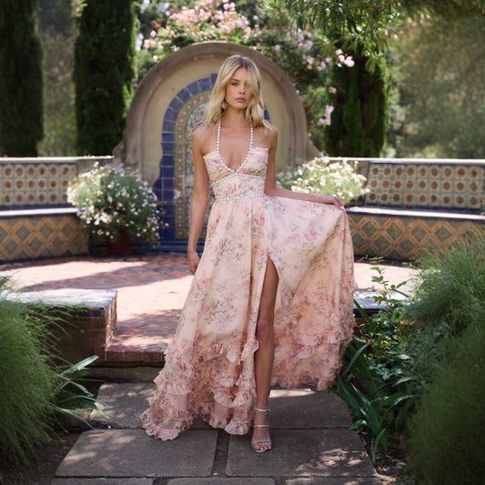 Floral Printed Expansion Ruffle Dress Front Split