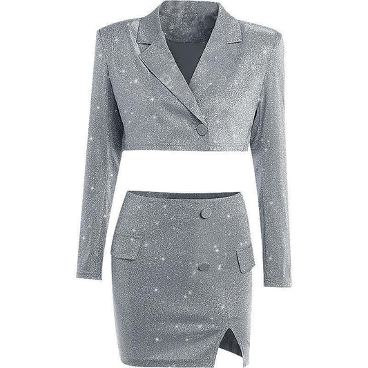 V-neck Long Sleeve Shiny Top Skirt Two-piece Suit