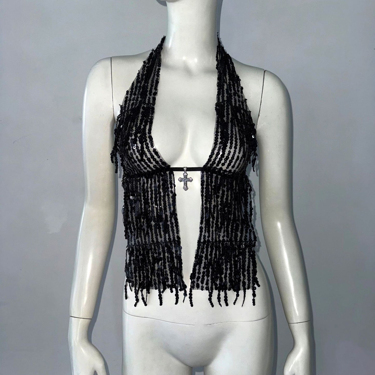 Halterneck With Suspenders Top Sequined Lace-up Tight Vest