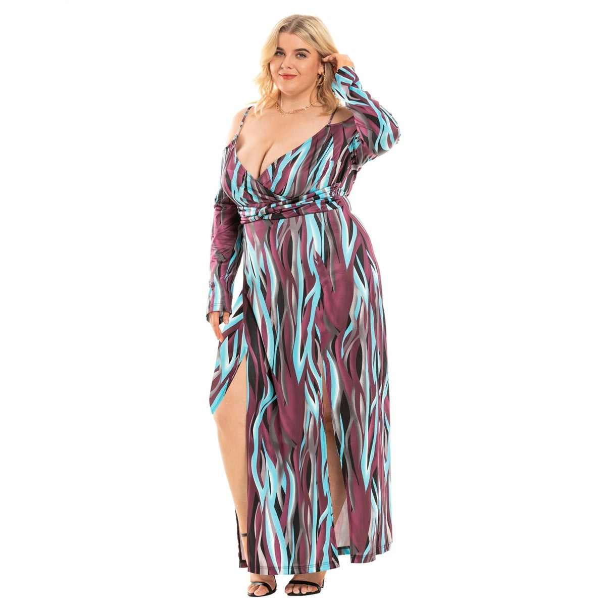 Plus Size Women's Clothing New Sexy Slit V-neck Exposed Dress