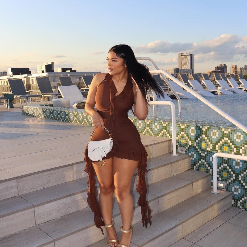 Low Necked Wooden Ear Edge Irregular Wrap Buttocks Short Dress