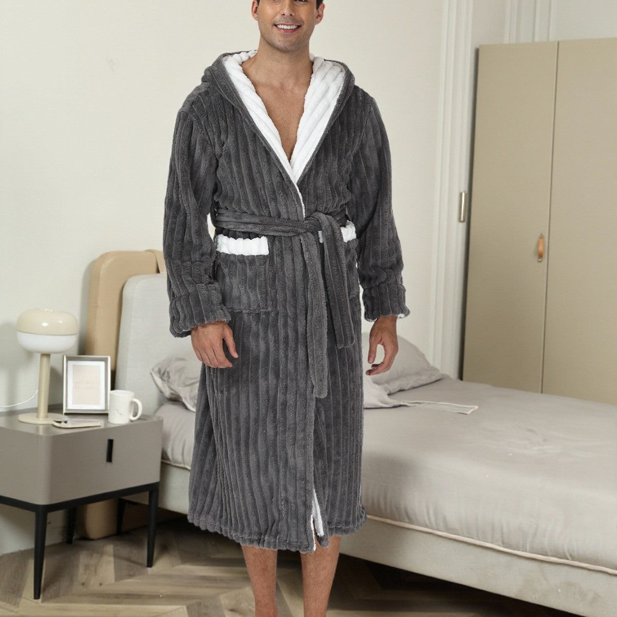 Men's Thick Flannel Long Hooded Bathrobe