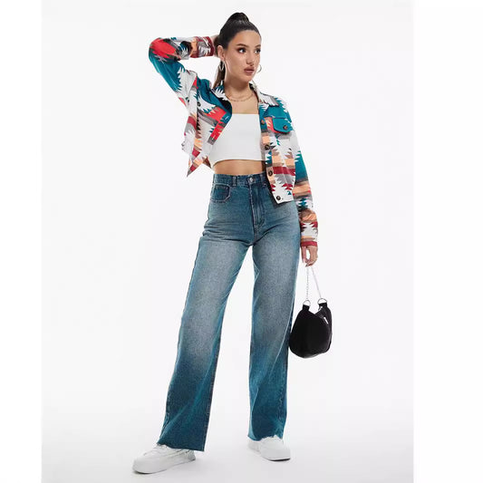 Coat Printing Long Sleeve Short Top by GJG Denim