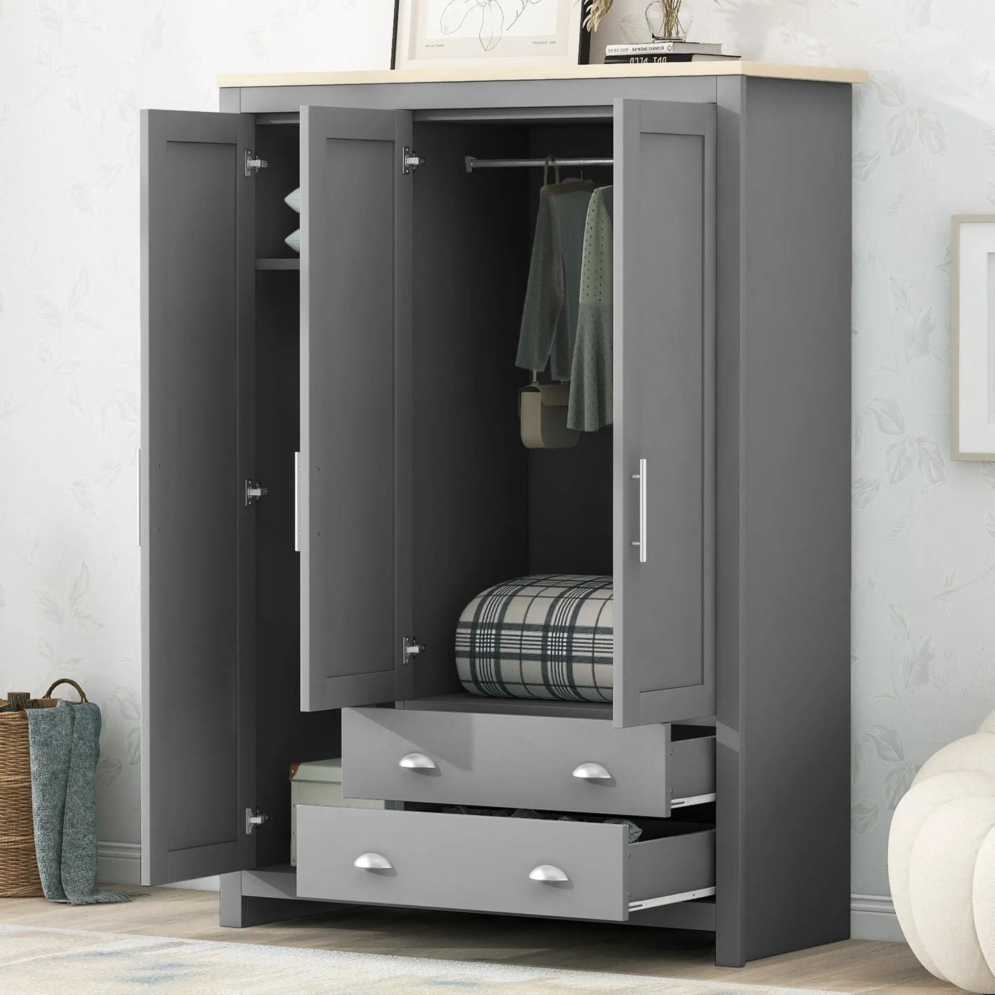 Three Door Storage Wardrobe With Cabinets And Two Hanging Rods,Gray by GJG Denim