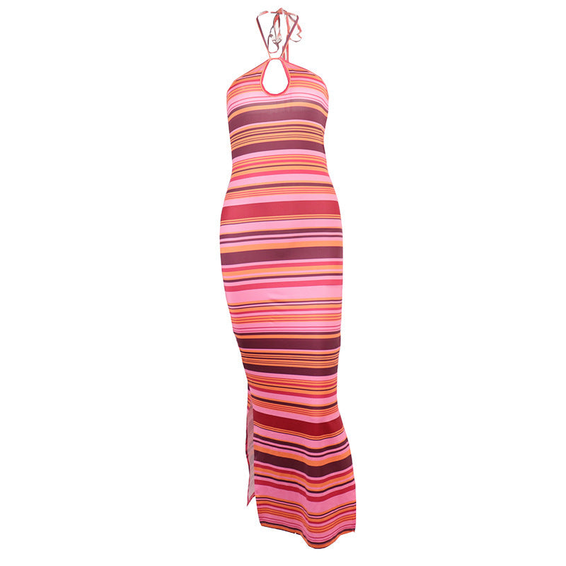 Striped Contrast Long Dress Sexy Halter Strap Backless Wrap Chest Slit Dress